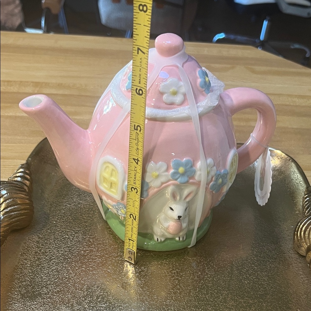 #1427** Pink Teapot with Bunny and Flowers - Picture 4 of 5